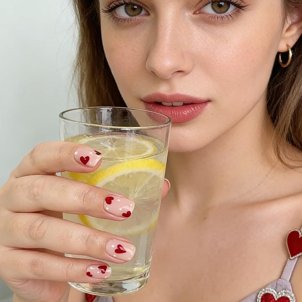 Geyakal Valentine nails polka-dot red-heart close-up highlights flexible ABS tips for comfy wear