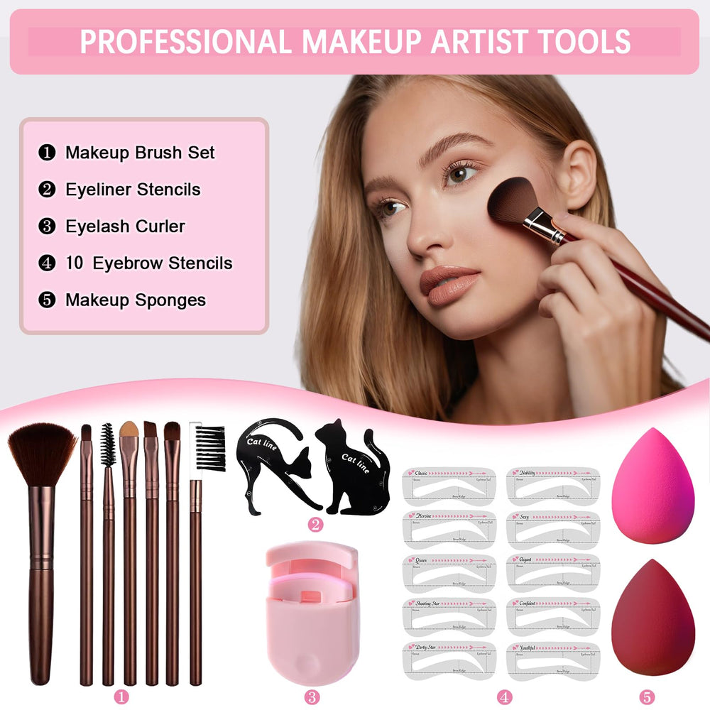 Geyomi All-in-One Makeup Kit eyeliner and brow pencils for sharp definition.