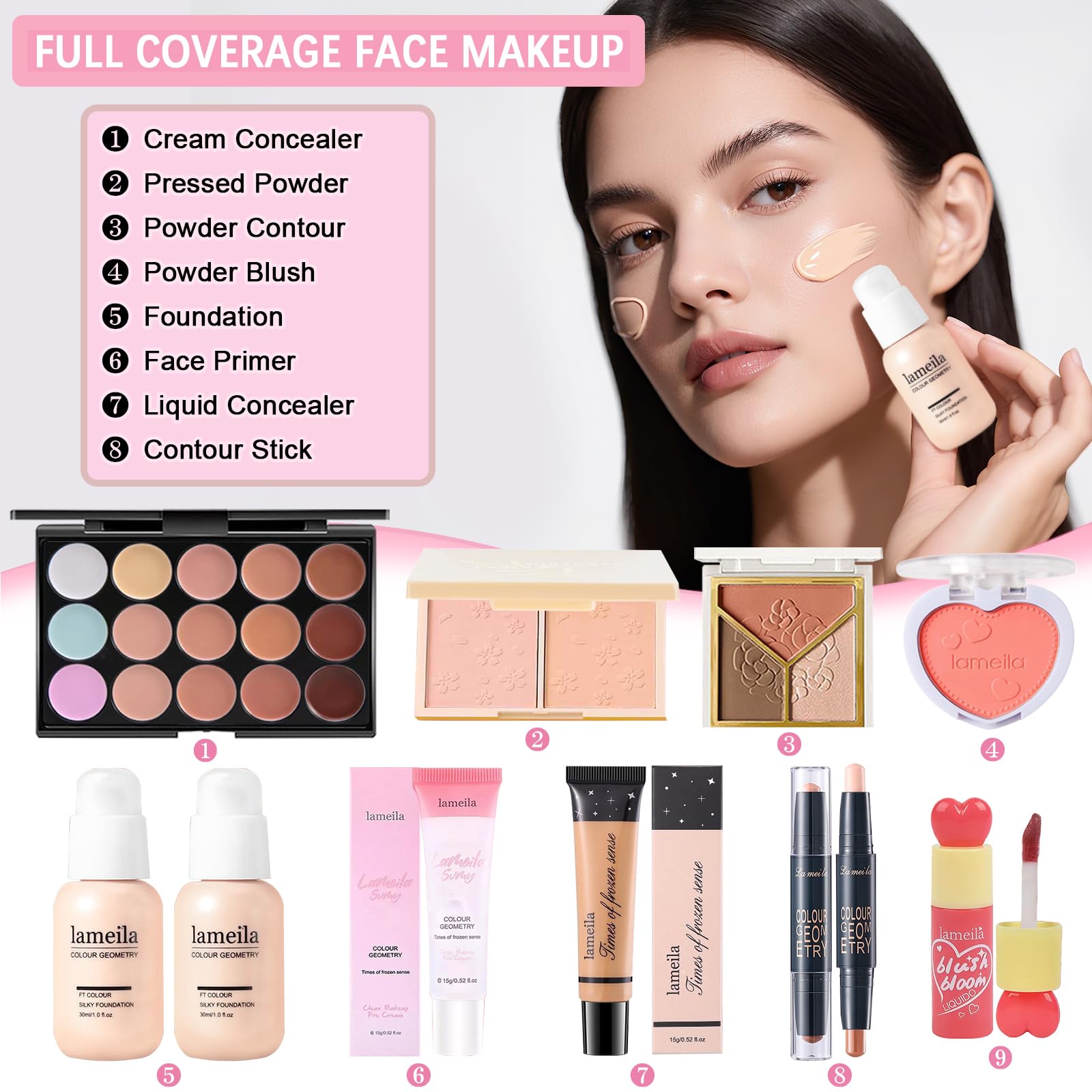 Geyomi All-in-One Makeup Kit pressed powder for a natural finish.