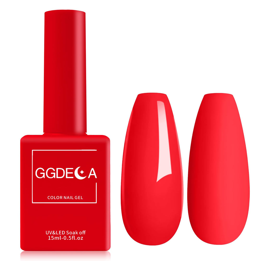 GGDECA bright red gel nail bottle showing true color for at-home nails.