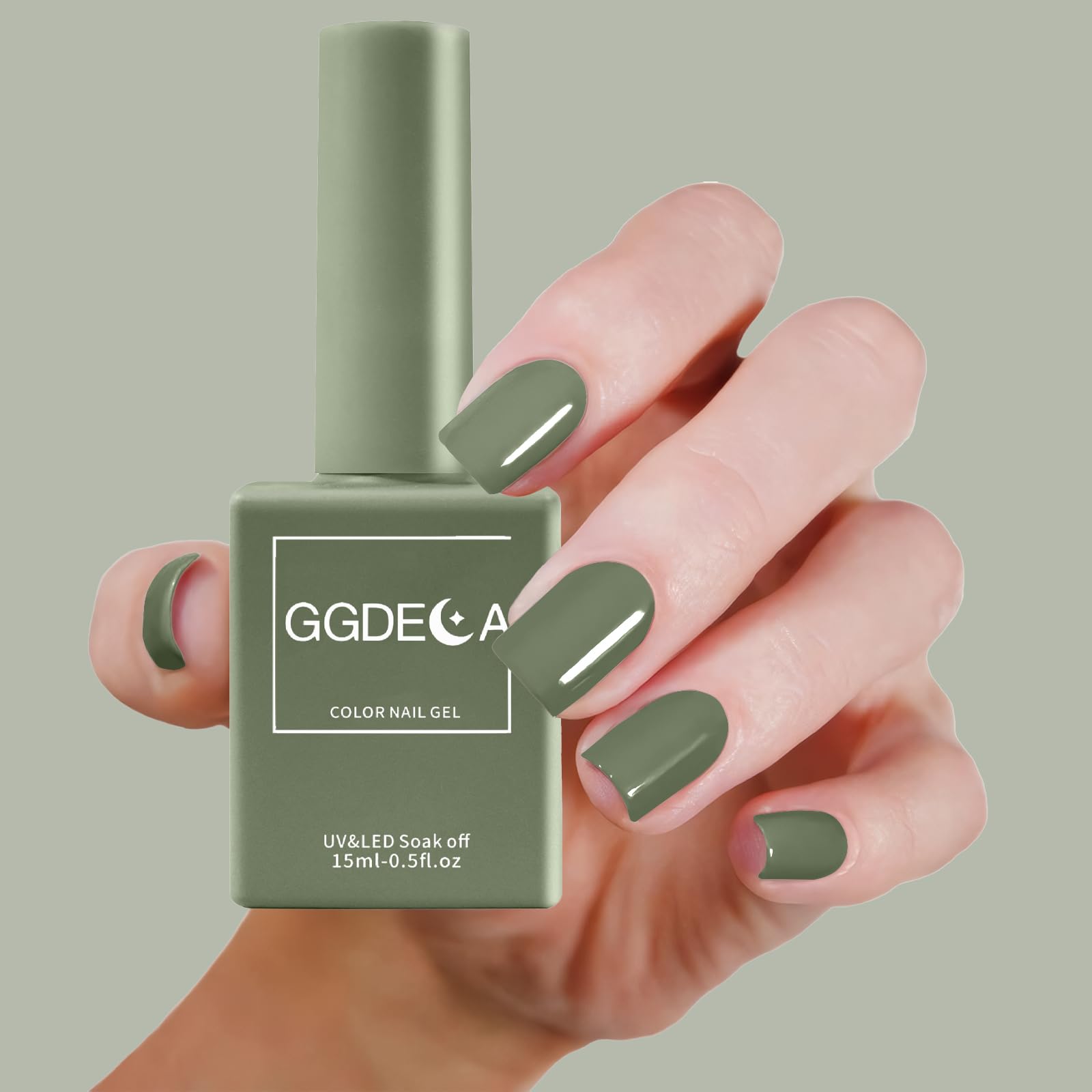 GGDECA Sage Green gel swatch on nail demonstrates solid coverage with fewer coats.