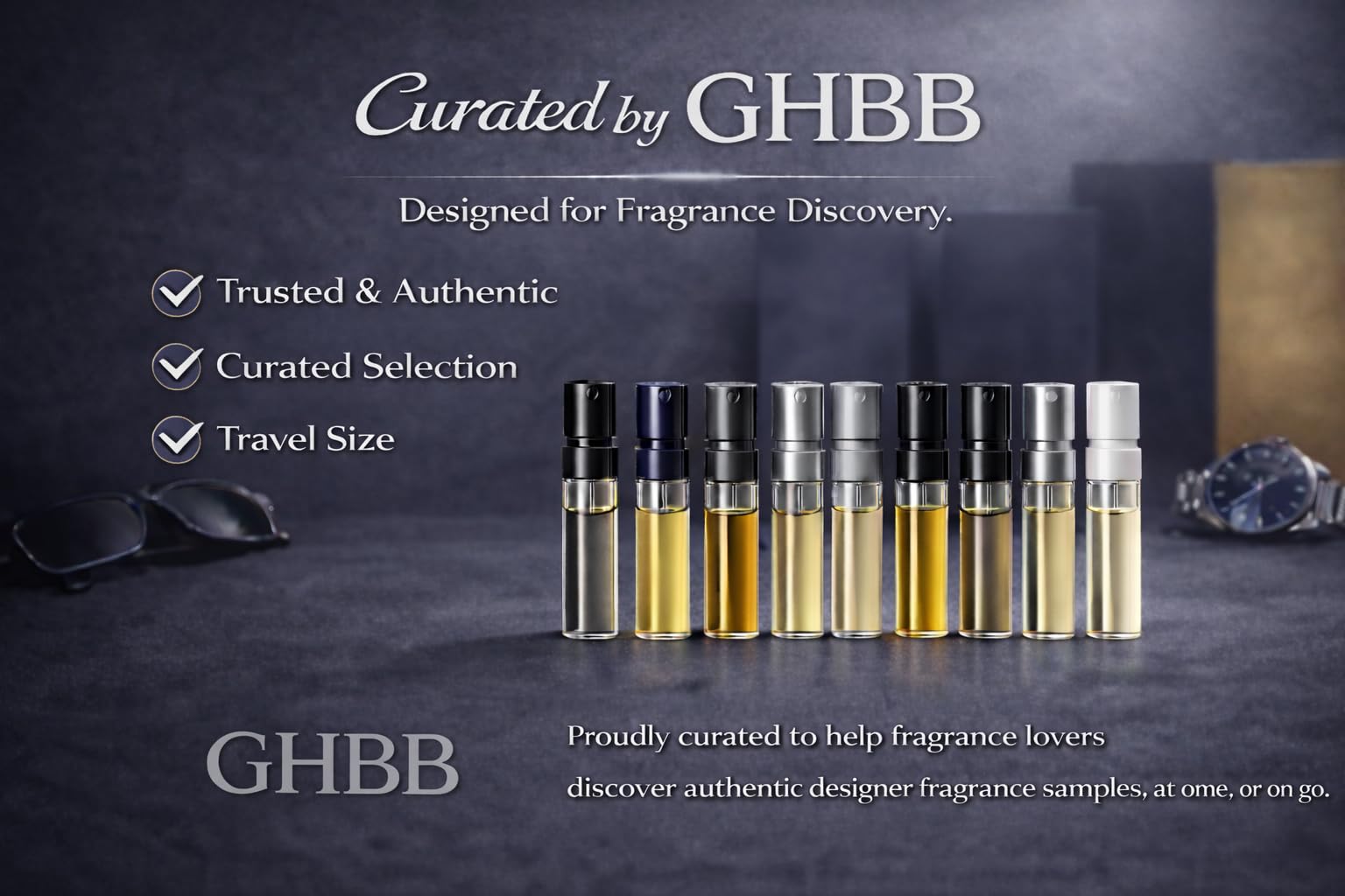 GHBB fragrance-family range hinting at citrus, woody, oriental options