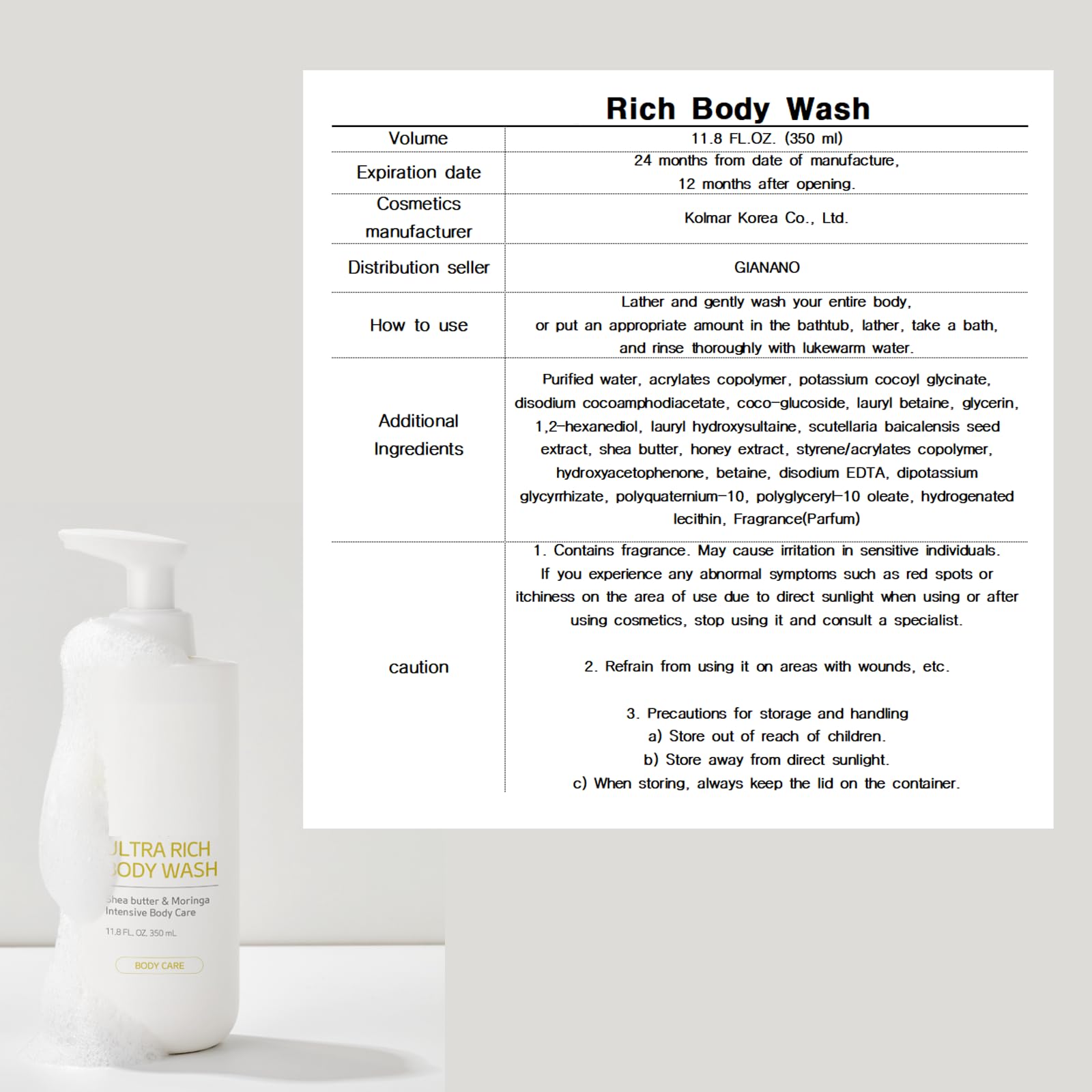 GIANANO body wash sponge shown beside bottle for easy rinsing and skin-softening routine.