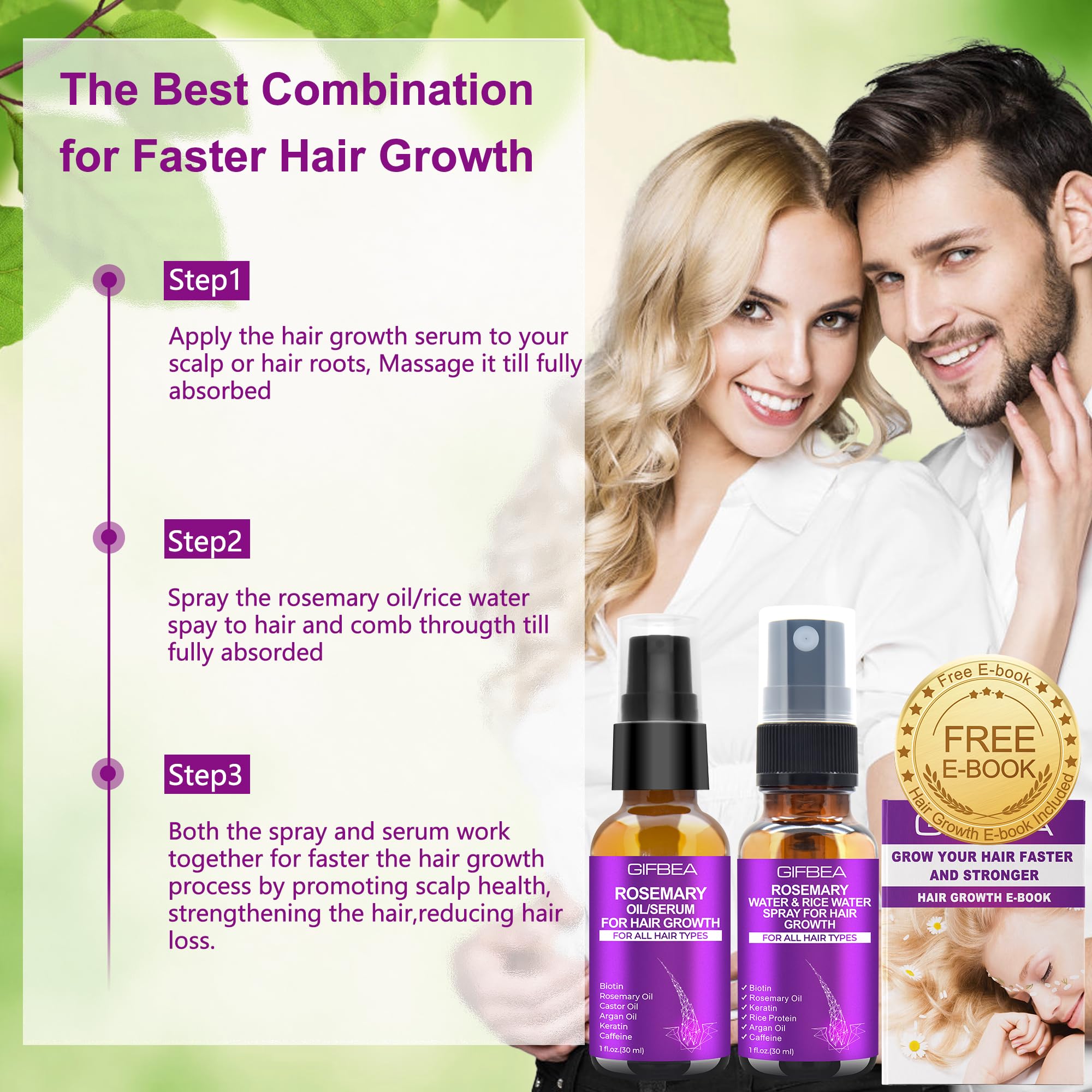 GIFBEA Rosemary Water Rice Water Spray displayed with soft, glossy hair