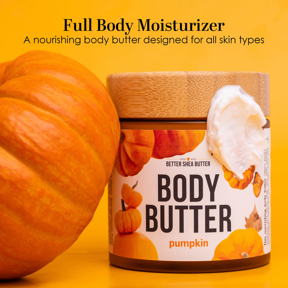 Gift-ready Better Shea Butter pumpkin body butter with fall packaging.