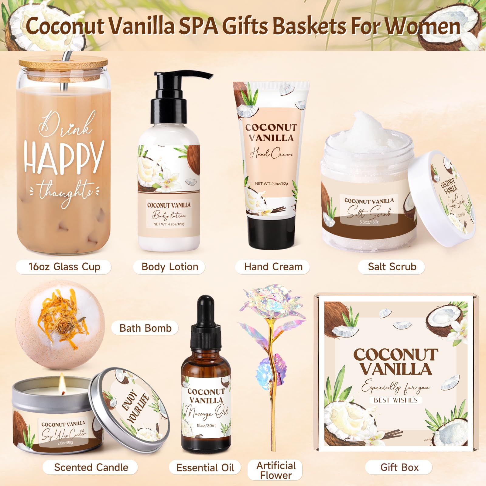 GiftPeak Vanilla Coconut spa glass cup shown for warm or cold drinks