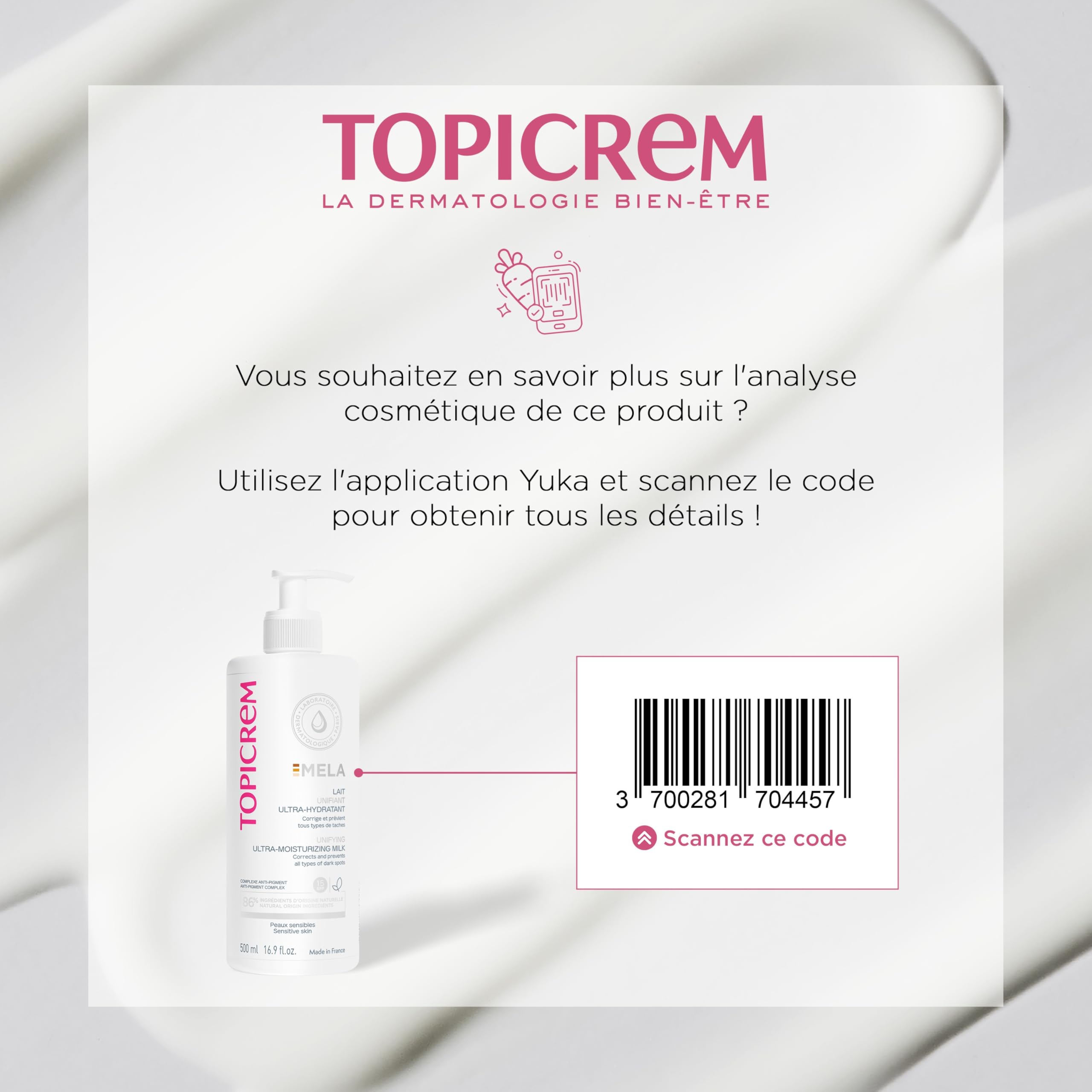 Topicrem Mela Unifying Milk being applied to skin with a soothing massage