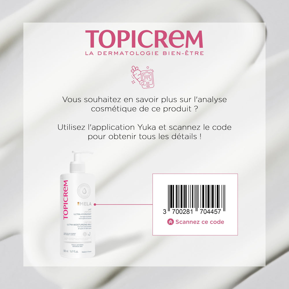 Topicrem Mela Unifying Milk being applied to skin with a soothing massage