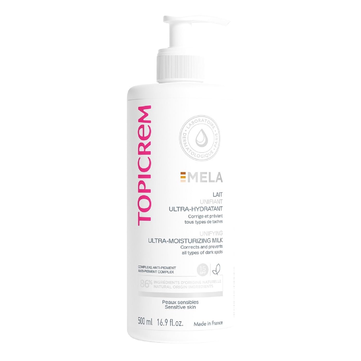 Topicrem Mela Unifying Milk bottle showing 24h hydration for sensitive skin