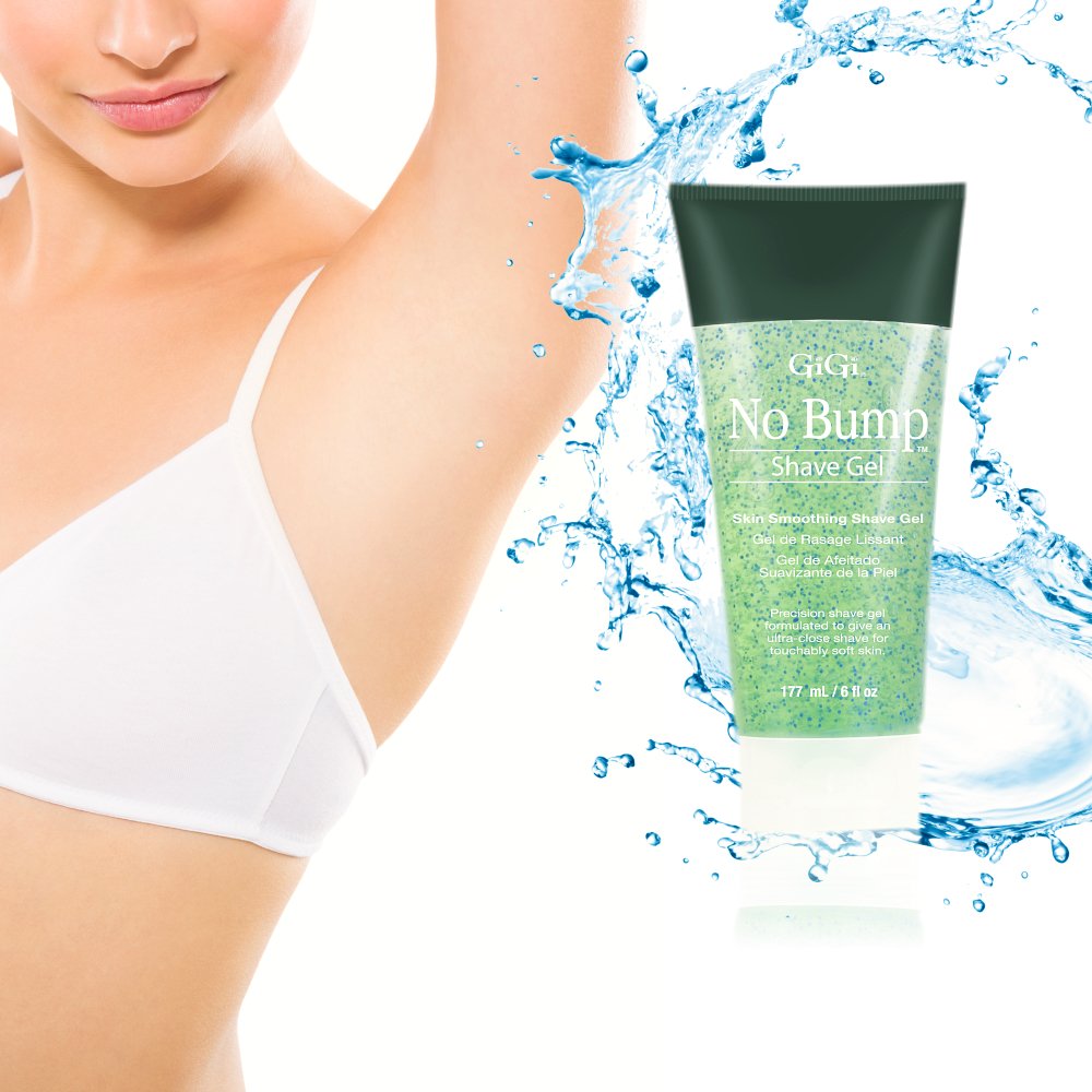 GIGI No Bump shave gel application on skin for gentle razor glide.