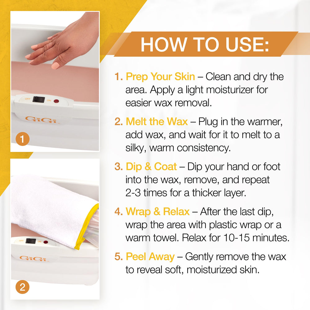 GIGI paraffin wax warmer capacity up to 8 pounds for full-hand and foot coverage.