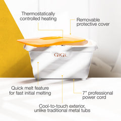 GIGI paraffin wax warmer removable slanted grid for ergonomic foot positioning.