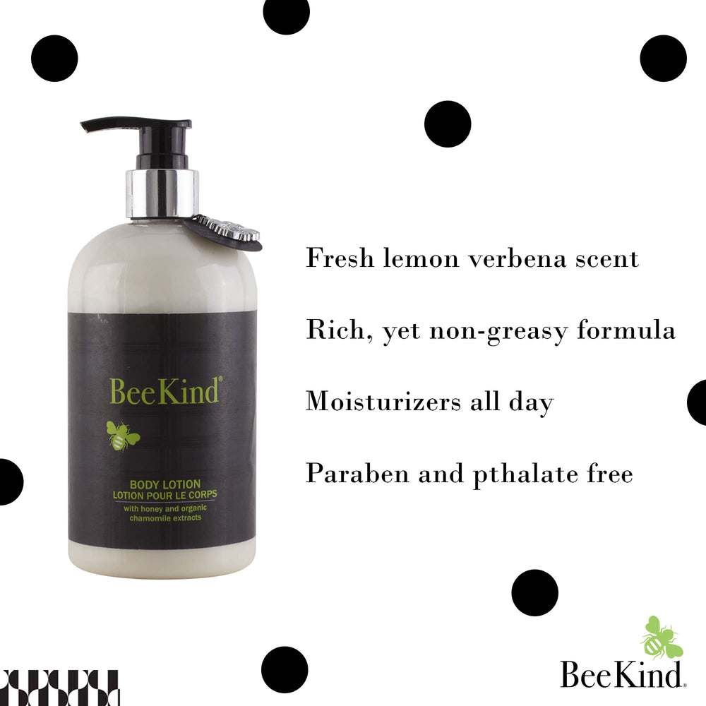 BeeKind lotion label closeup highlights natural extracts and a clean, parabens-free formula.