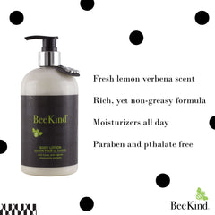 BeeKind lotion label closeup highlights natural extracts and a clean, parabens-free formula.
