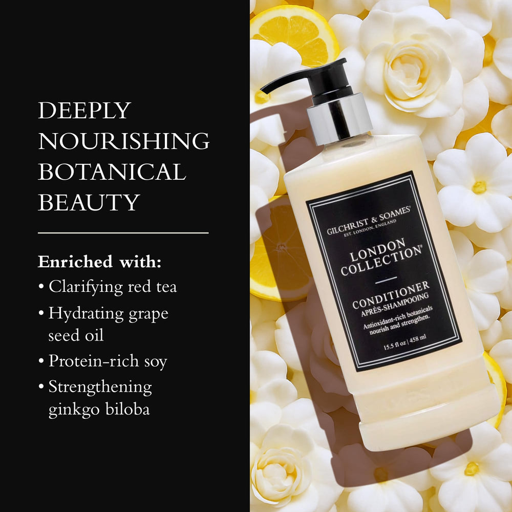 Gilchrist & Soames London Collection Conditioner ingredients highlight red tea and grape seed oil.