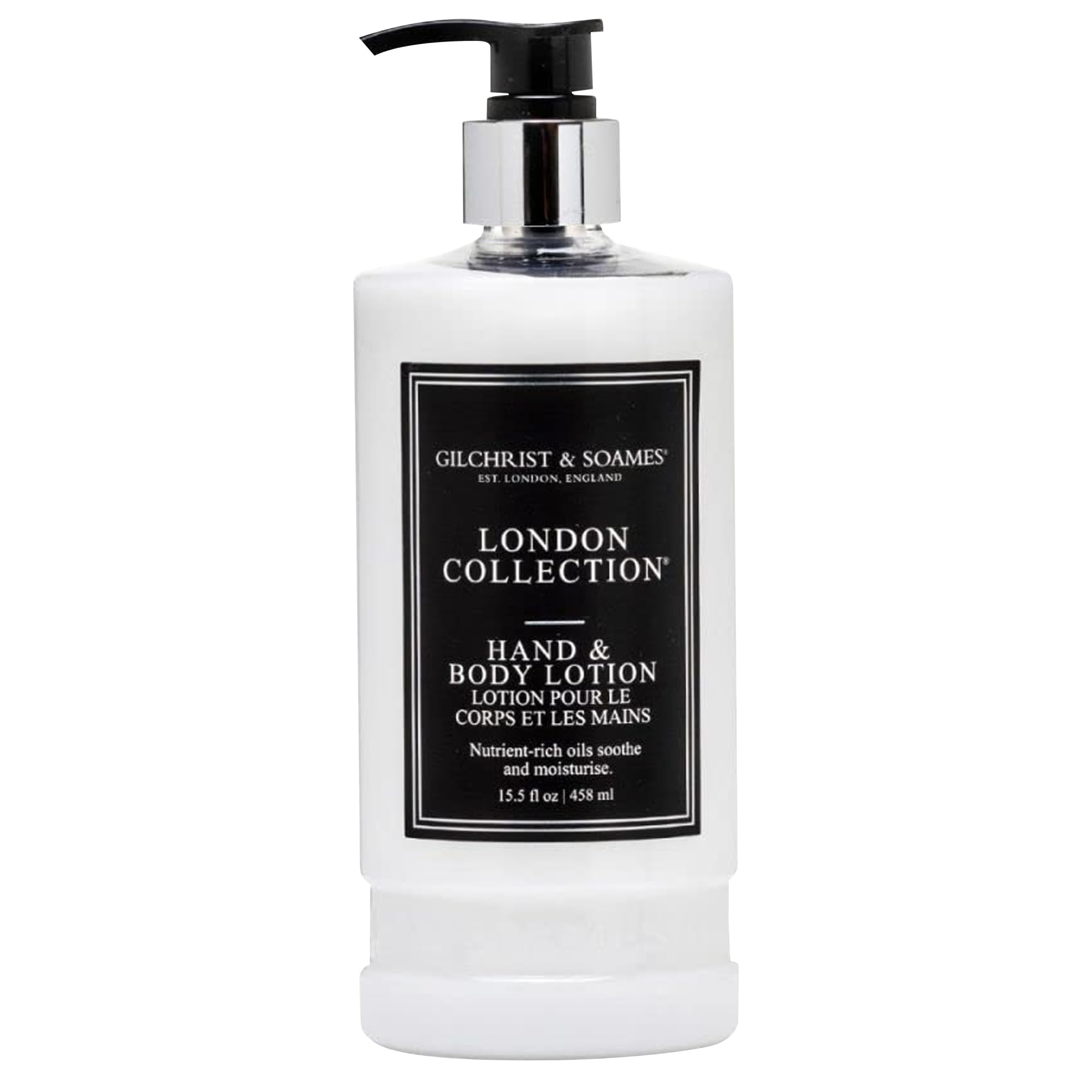 Gilchrist & Soames London Hand & Body Lotion pump bottle for easy daily moisturizing.