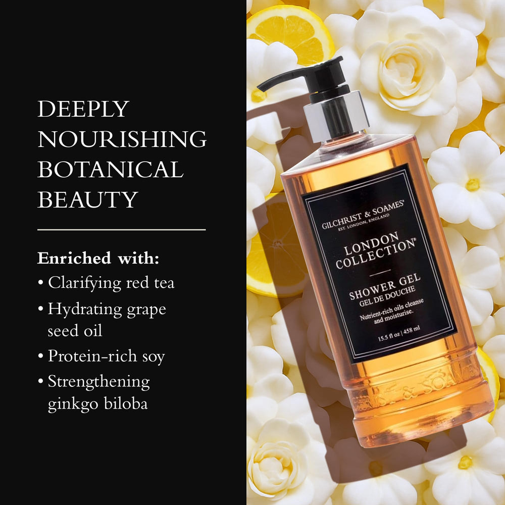 Gilchrist & Soames London Shower Gel gardenia-bloom evokes elegant scent and mood.