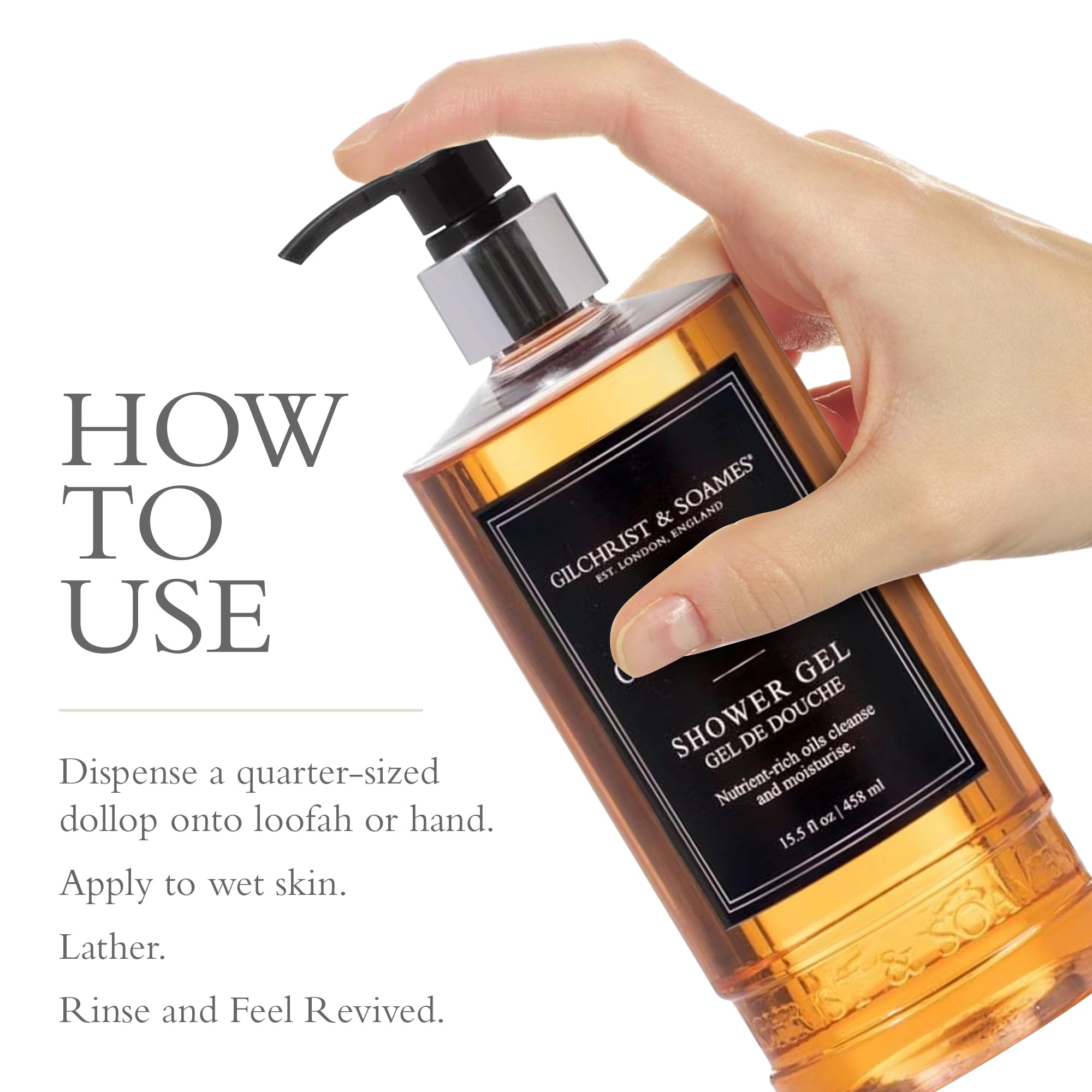 Gilchrist & Soames London Shower Gel grape-seed-oil provides hydrating feel during wash.