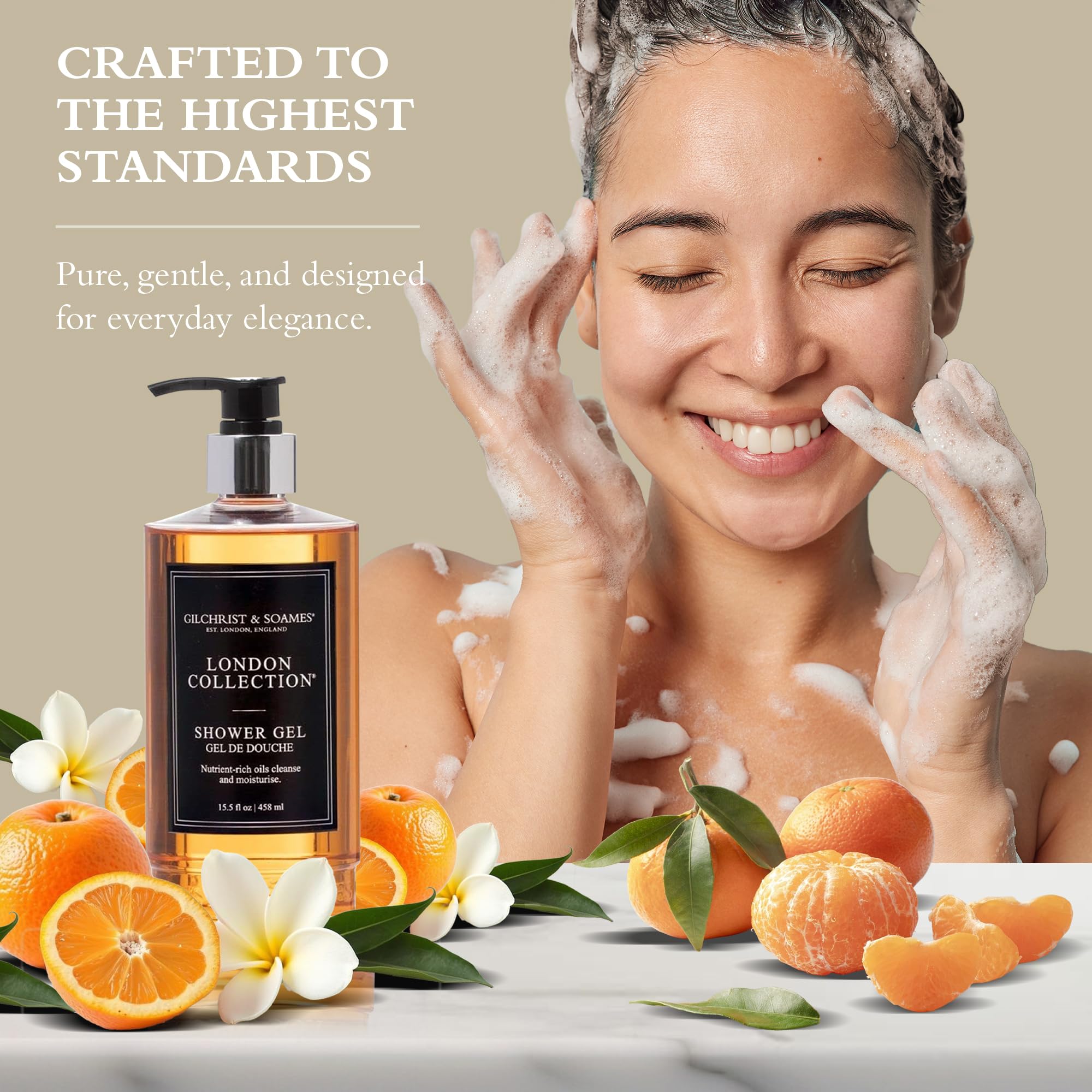 Gilchrist & Soames London Shower Gel skin-hydration cue for glowing post-shower skin.