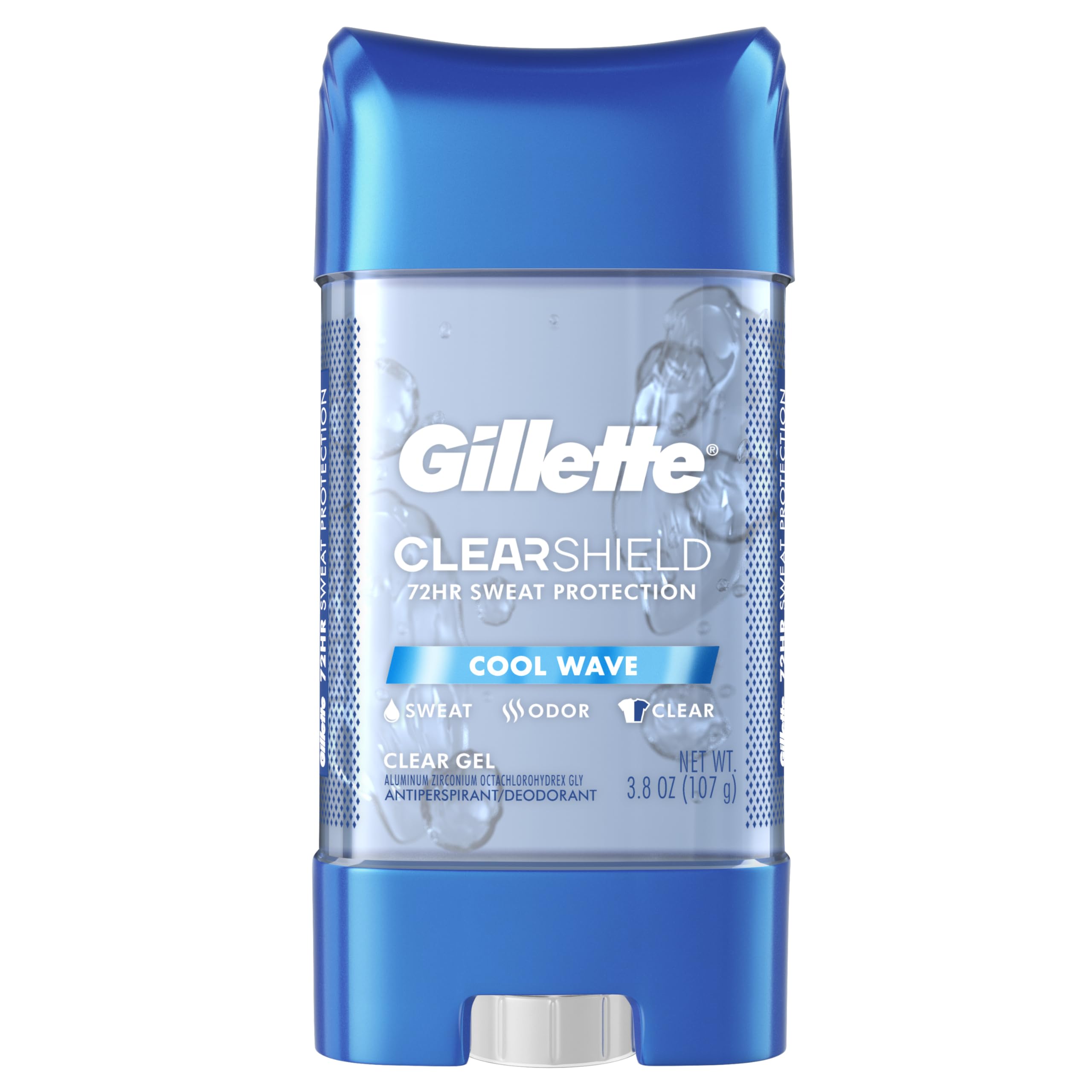Gillette Advanced Clear Gel Antiperspirant Cool Wave bottle shows the clear formula for daily use