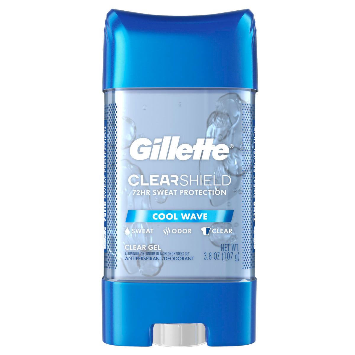 Gillette Advanced Clear Gel Antiperspirant Cool Wave bottle shows the clear formula for daily use