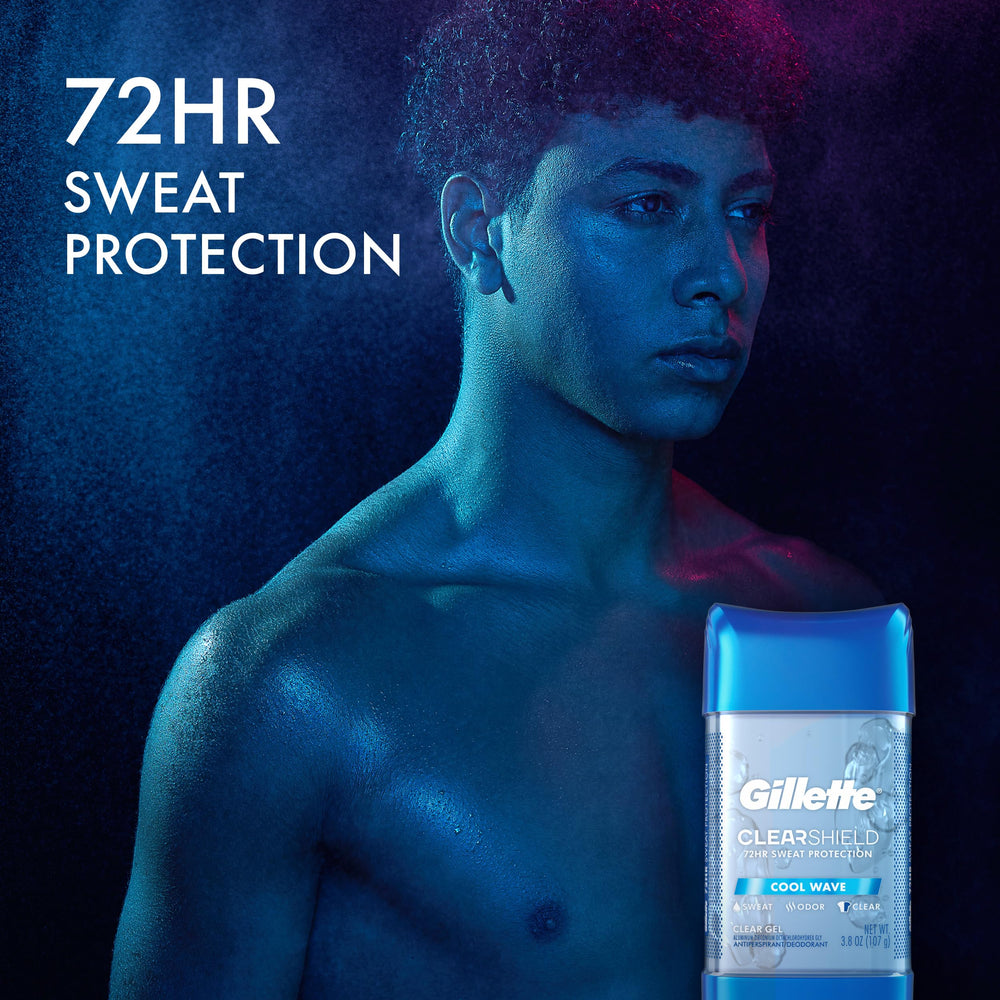 Gillette Advanced Clear Gel Antiperspirant Cool Wave label close-up highlights modern design