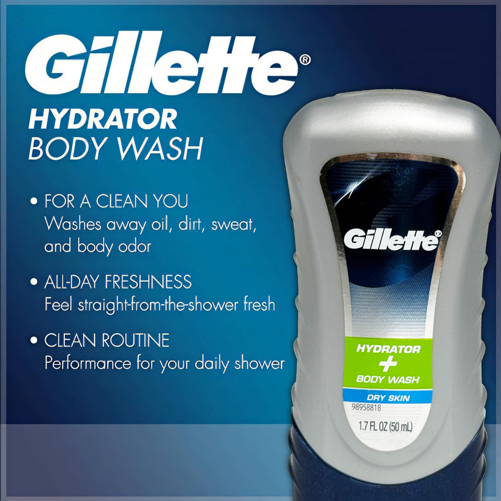 Gillette Hydrator Body Wash bottle with textured grip for easy handling.
