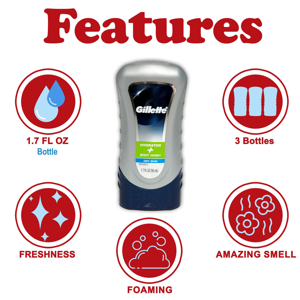 Gillette Hydrator Body Wash travel size bottles ideal for gym, travel.