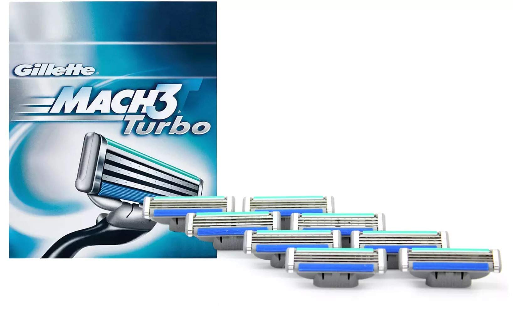Gillette Mach 3 Turbo cartridge packaging highlights compatibility with Mach 3 razors.