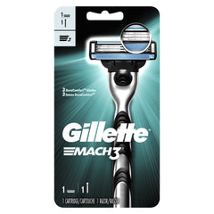 Gillette Mach3 handle close-up with balanced grip for a steady, comfortable shave.