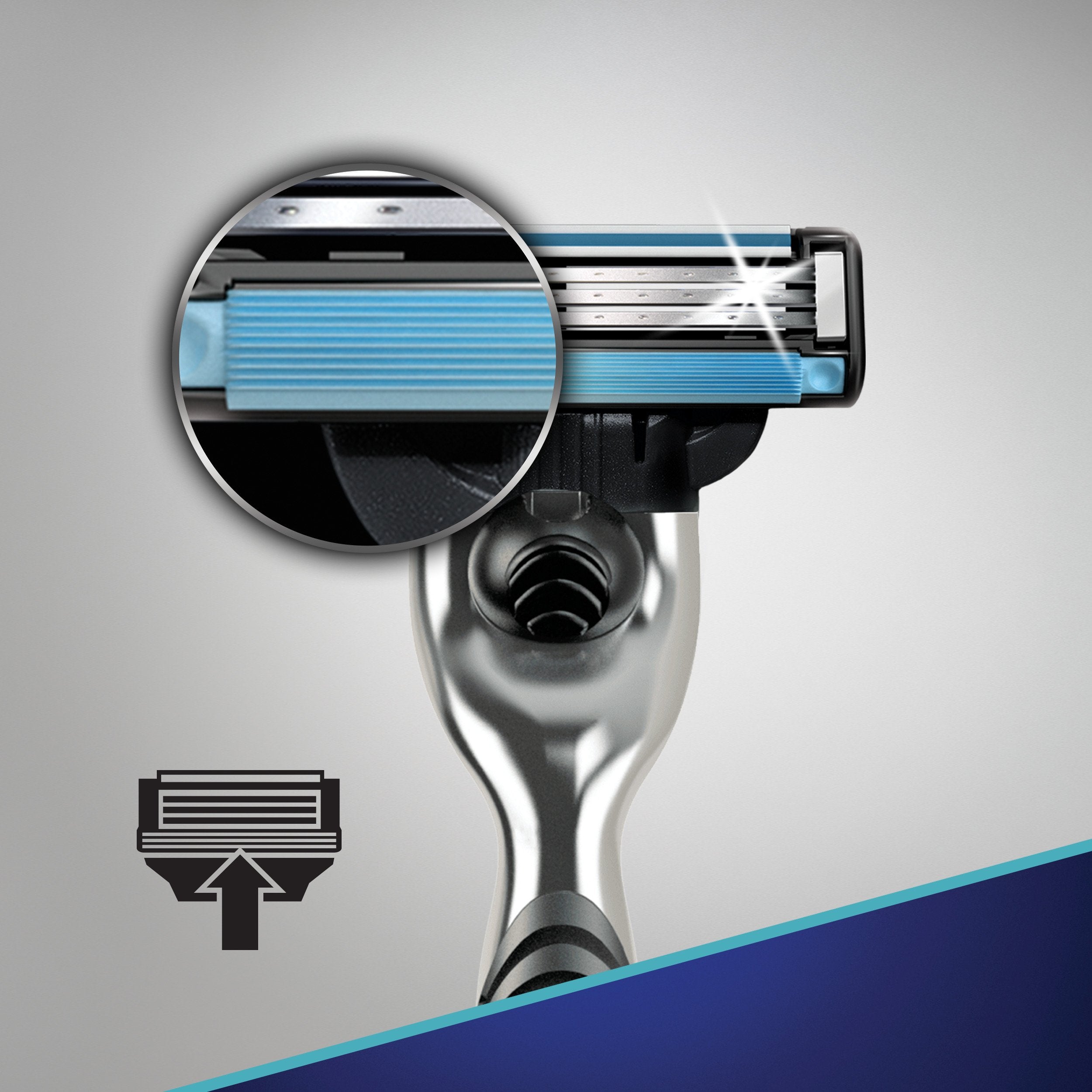 Premium Gillette Mach3 packaging highlighting compatibility with all refills.