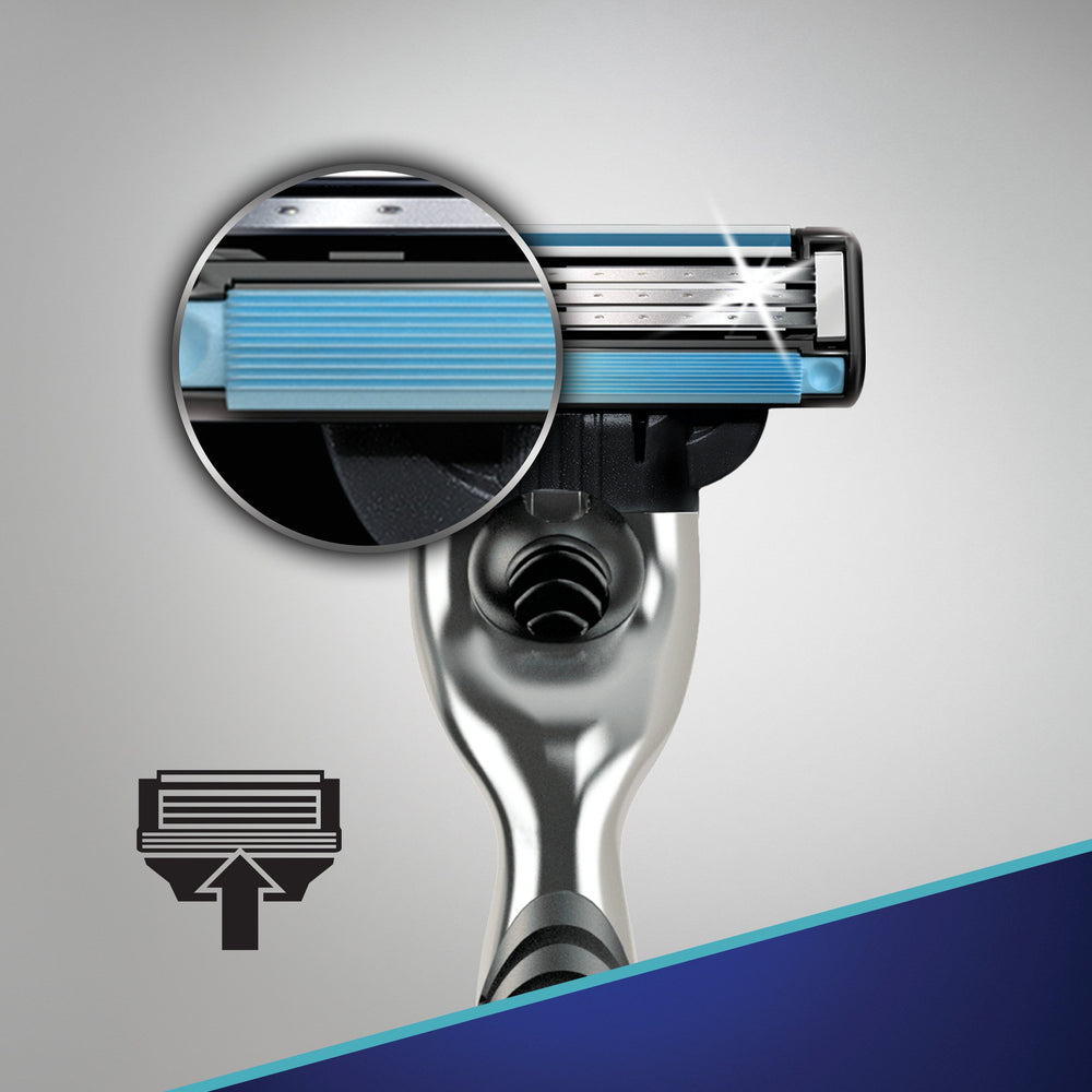 Premium Gillette Mach3 packaging highlighting compatibility with all refills.