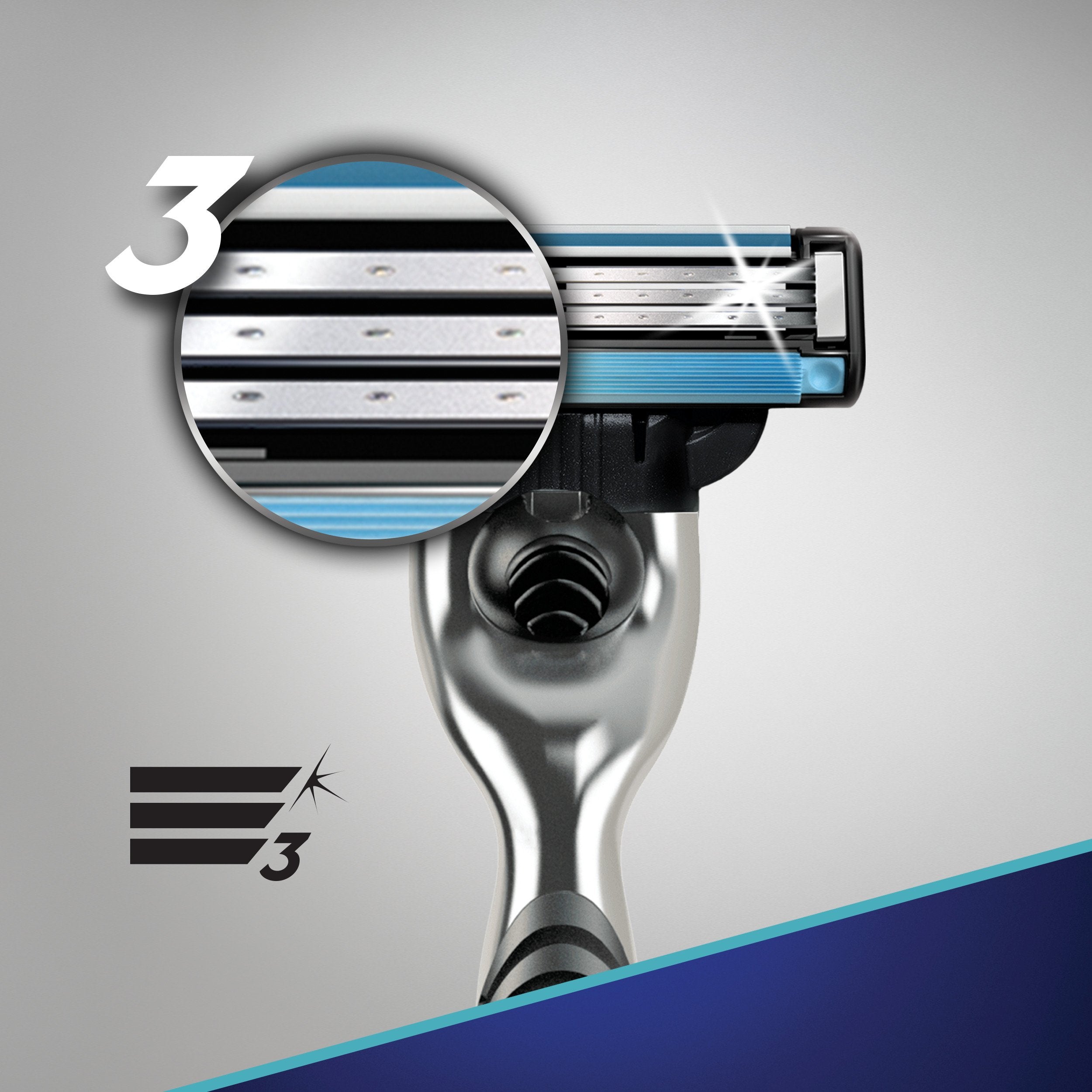 Gillette Mach3 razor shown in shower setup for quick, everyday grooming.
