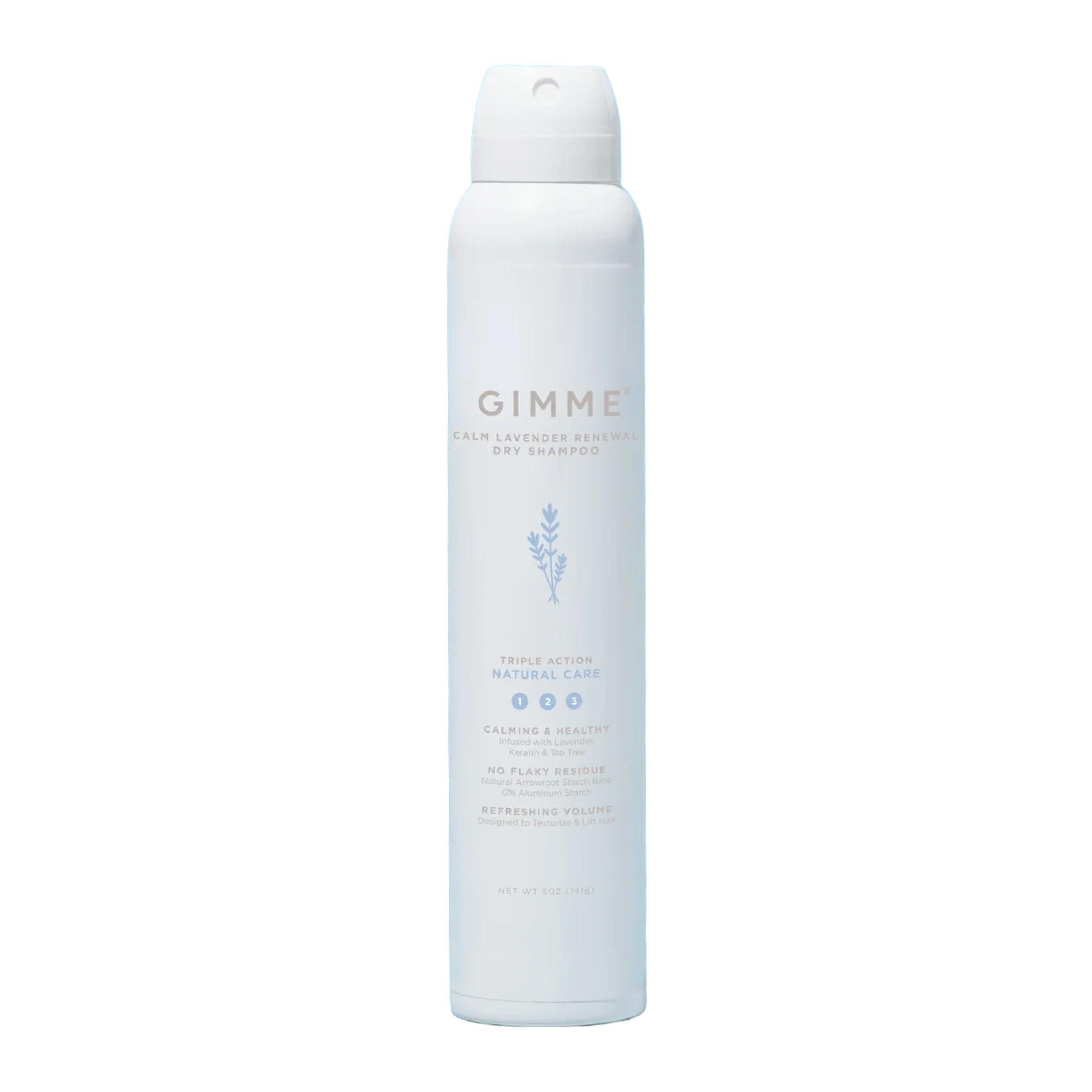 GIMME Beauty Dry Shampoo spray bottle shows one of three refreshing scents for quick refresh.