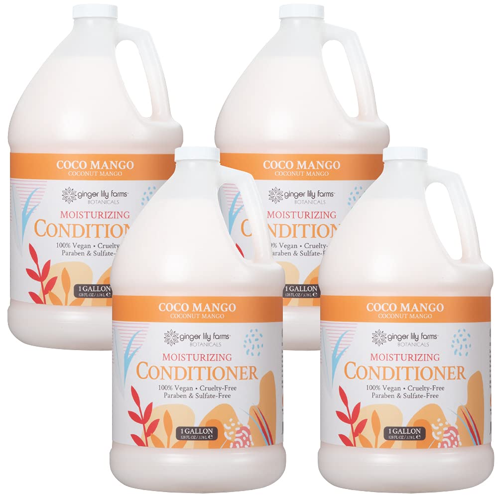 Ginger Lily Farms Botanicals Coco Mango conditioner bottle delivers lightweight moisture for soft hair.