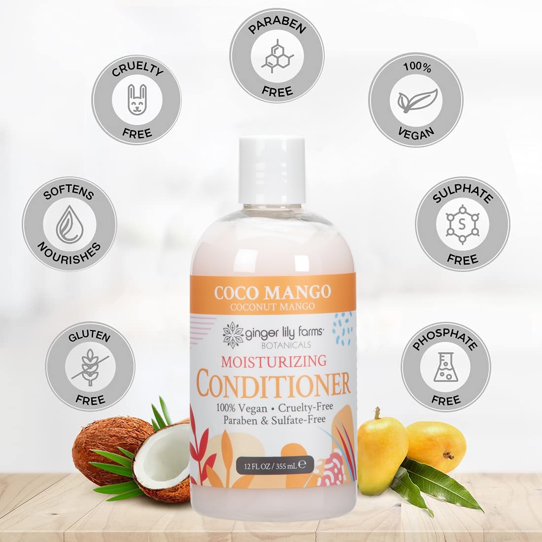 Close-up of Ginger Lily Farms Coco Mango conditioner with flip-top cap