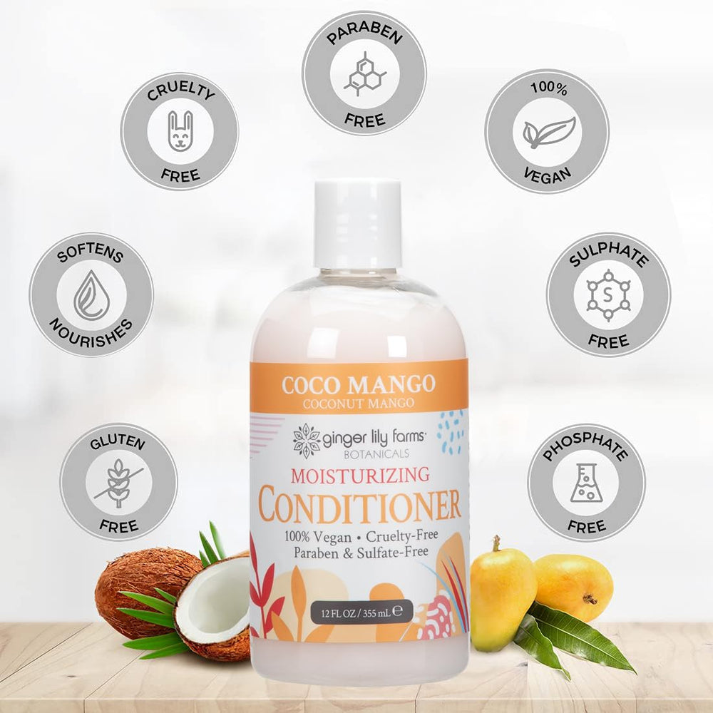 Close-up of Ginger Lily Farms Coco Mango conditioner with flip-top cap