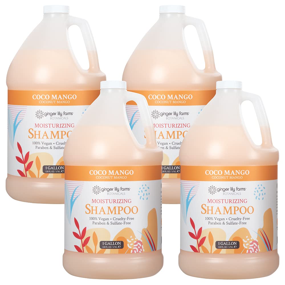 Ginger Lily Farms Botanicals Coco Mango shampoo bottle pouring for long-lasting moisture