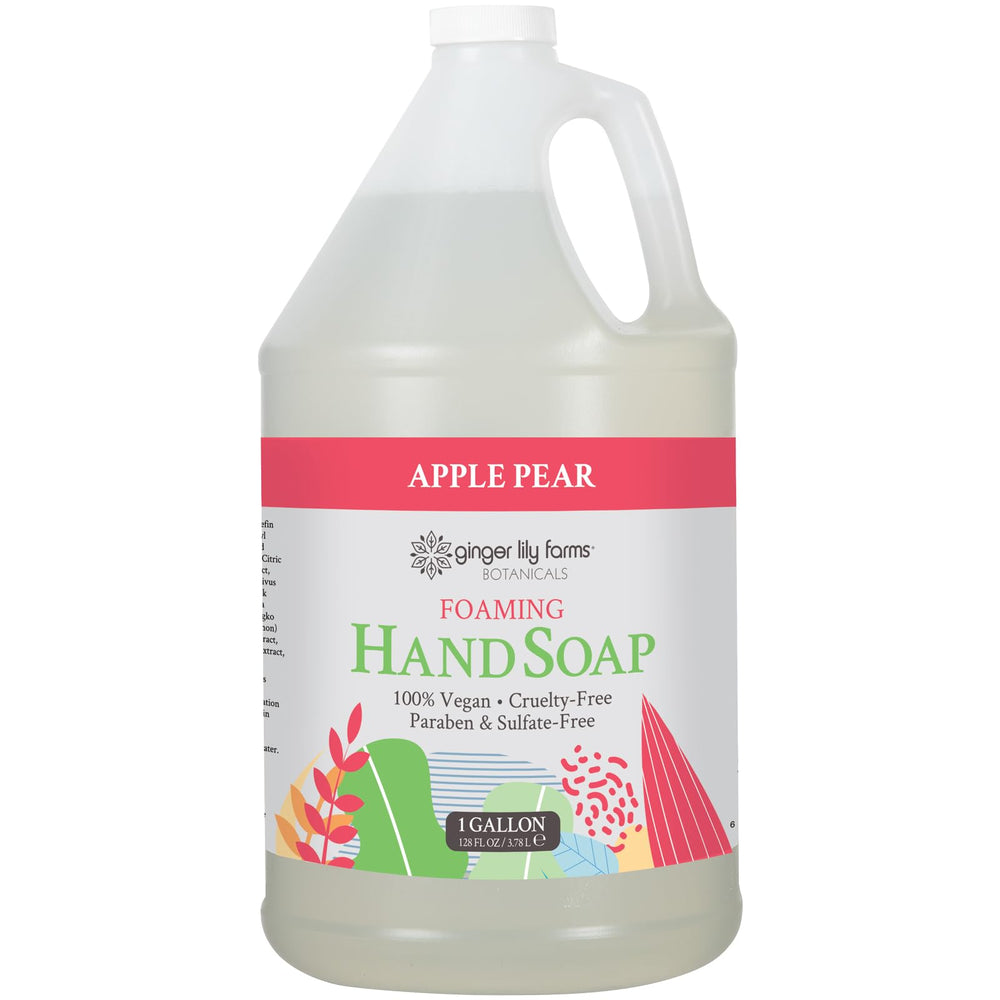 Ginger Lily Farms Botanicals foaming hand soap dispenser with Apple Pear scent for gentle cleansing.