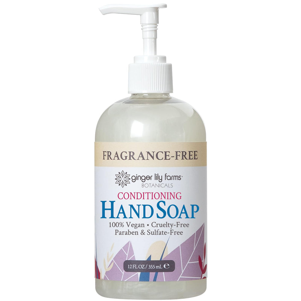 Ginger Lily Farms Botanicals hand soap bottle shows a rich, creamy lather