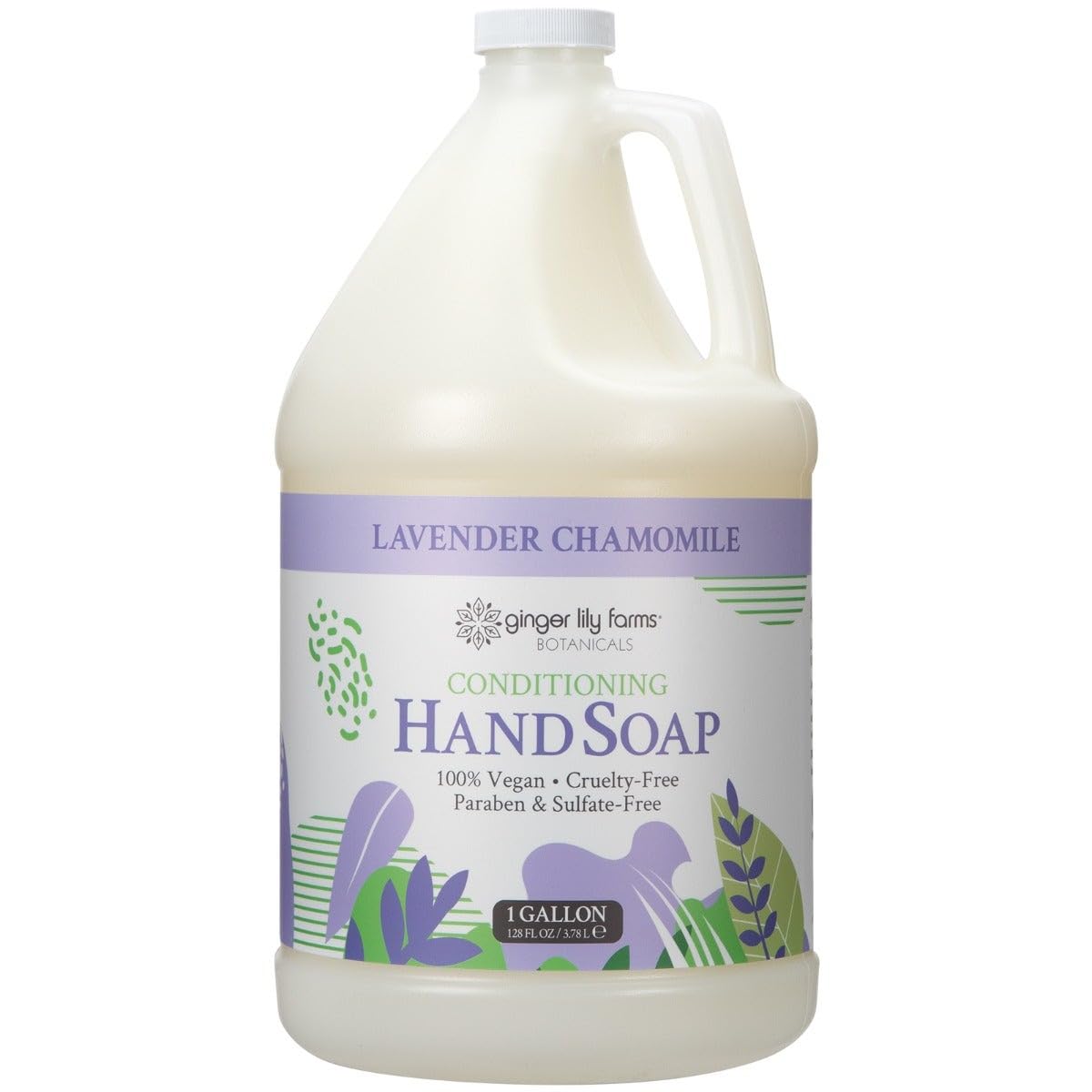 Ginger Lily Farms Botanicals hand soap refill being poured from the bottle with lavender chamomile scent for a soothing cleanse.