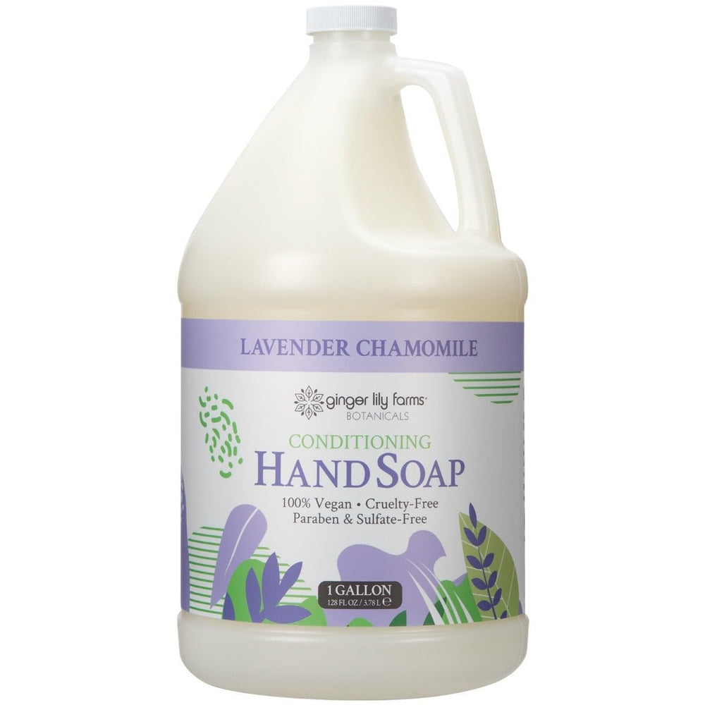 Ginger Lily Farms Botanicals hand soap refill being poured from the bottle with lavender chamomile scent for a soothing cleanse.