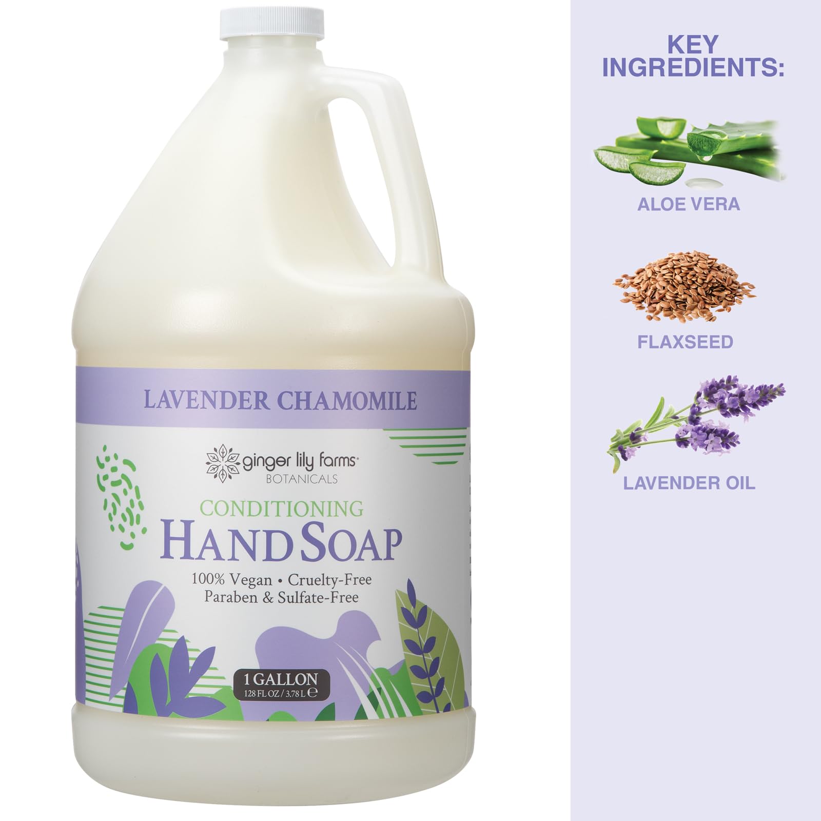 Aloe vera and vitamins feature in Ginger Lily Farms Botanicals hand soap refill close-up.
