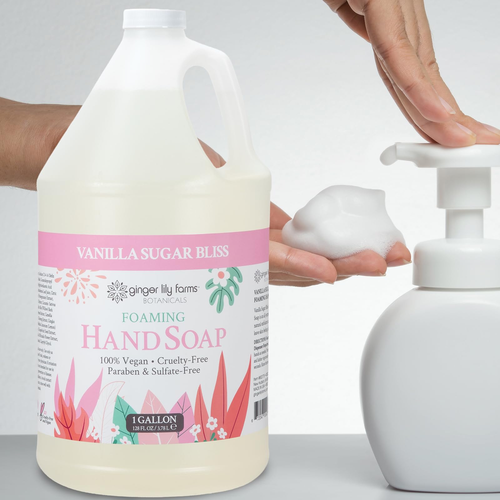 Ginger Lily Farms Botanicals Vanilla Sugar Bliss on countertop evokes spa-like hand care.