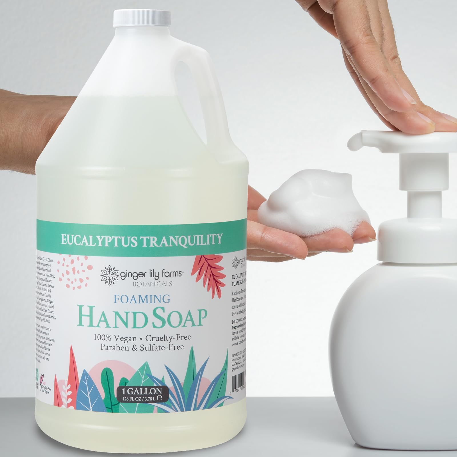 Hands washing with Ginger Lily Farms Botanicals foam soap.