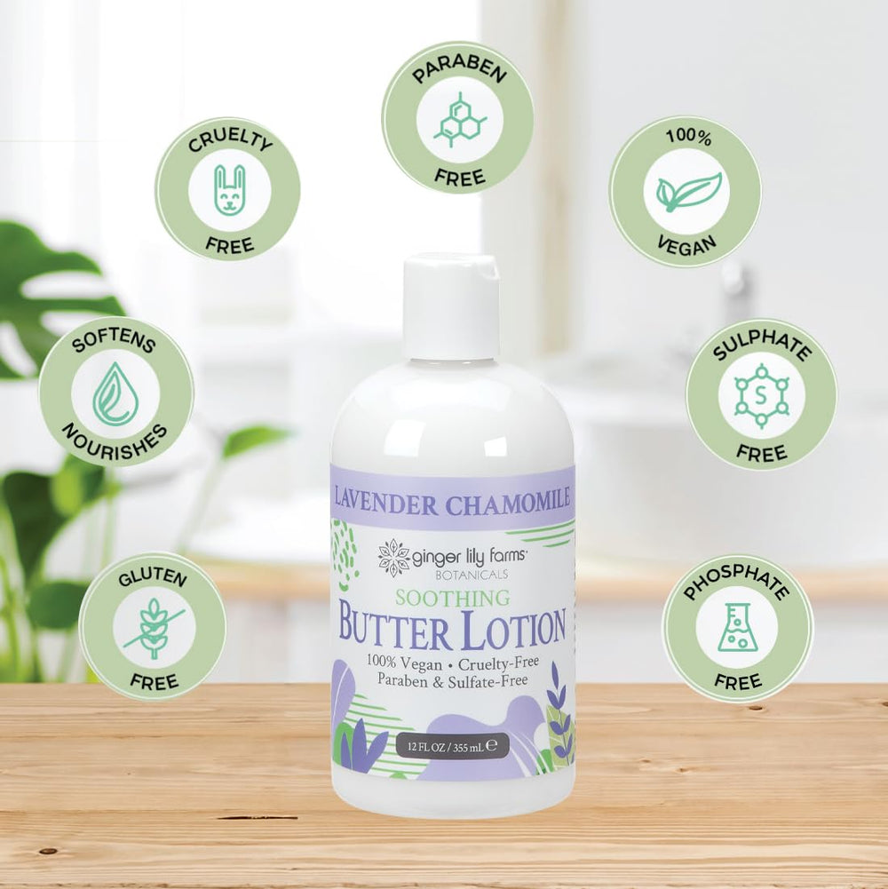 Ginger Lily Farms Botanicals Soothing Butter Lotion non-greasy absorption on skin.
