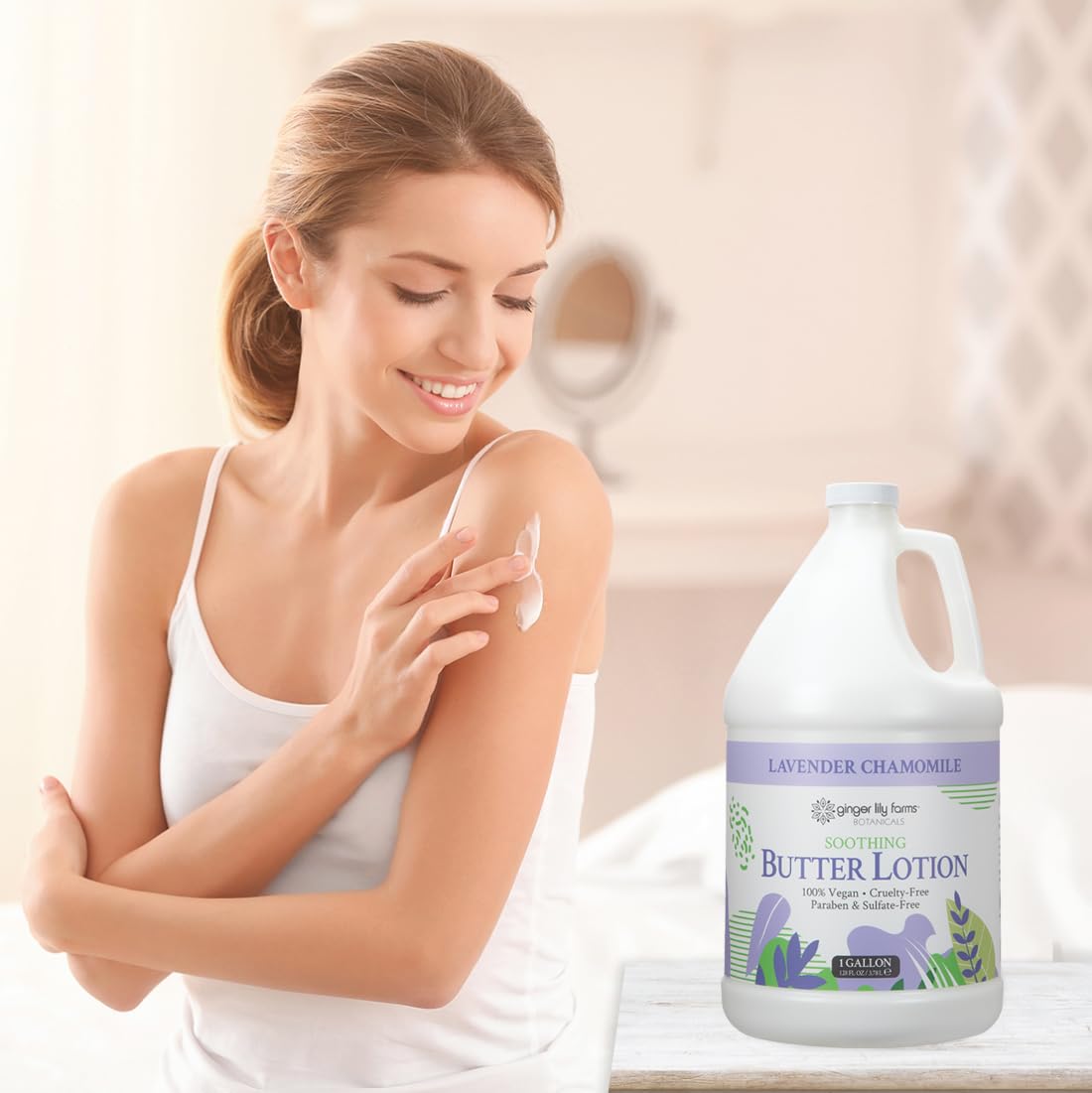 Ginger Lily Farms lotion pouring into the palm demonstrates easy application.