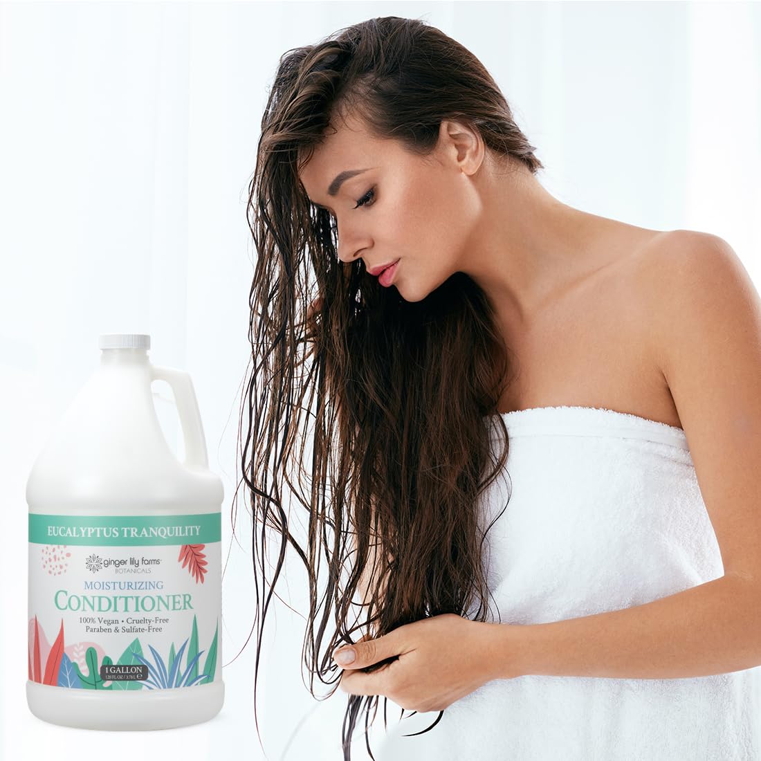 Ginger Lily Farms Botanicals Moisturizing Conditioner being applied to hair strands nourishes daily.