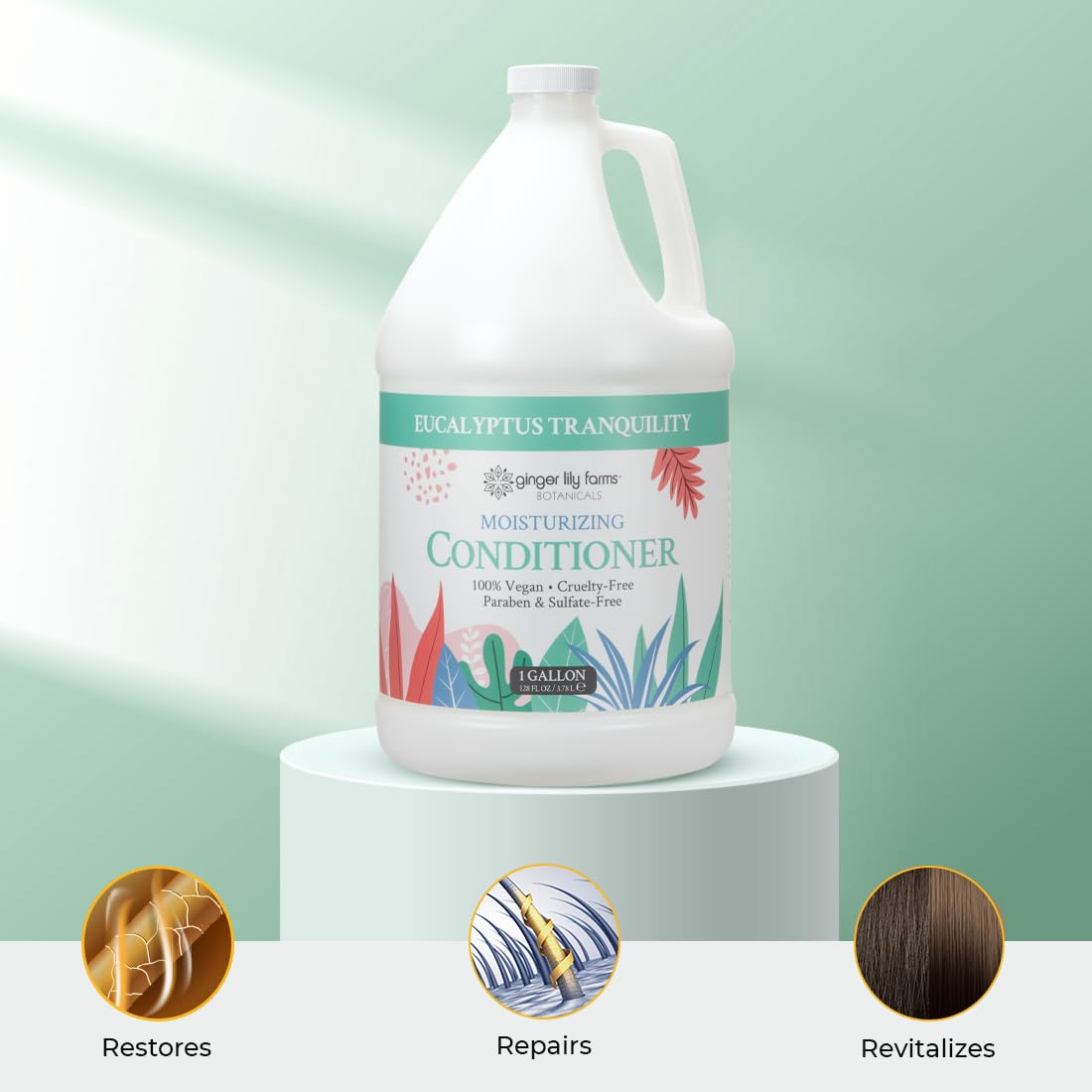 Ginger Lily Farms Botanicals Moisturizing Conditioner label highlights vegan, cruelty-free, toxin-free formula.