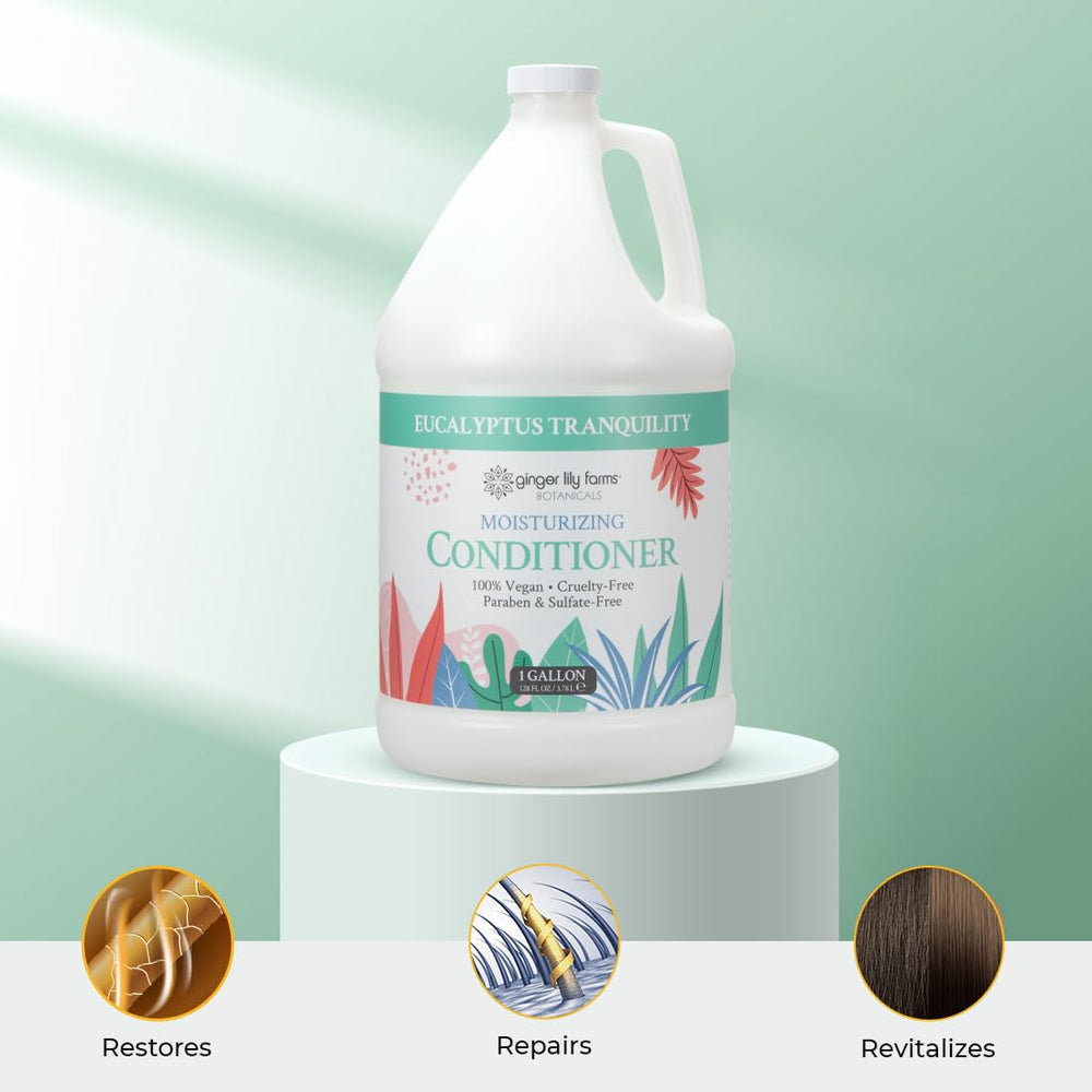 Ginger Lily Farms Botanicals Moisturizing Conditioner label highlights vegan, cruelty-free, toxin-free formula.